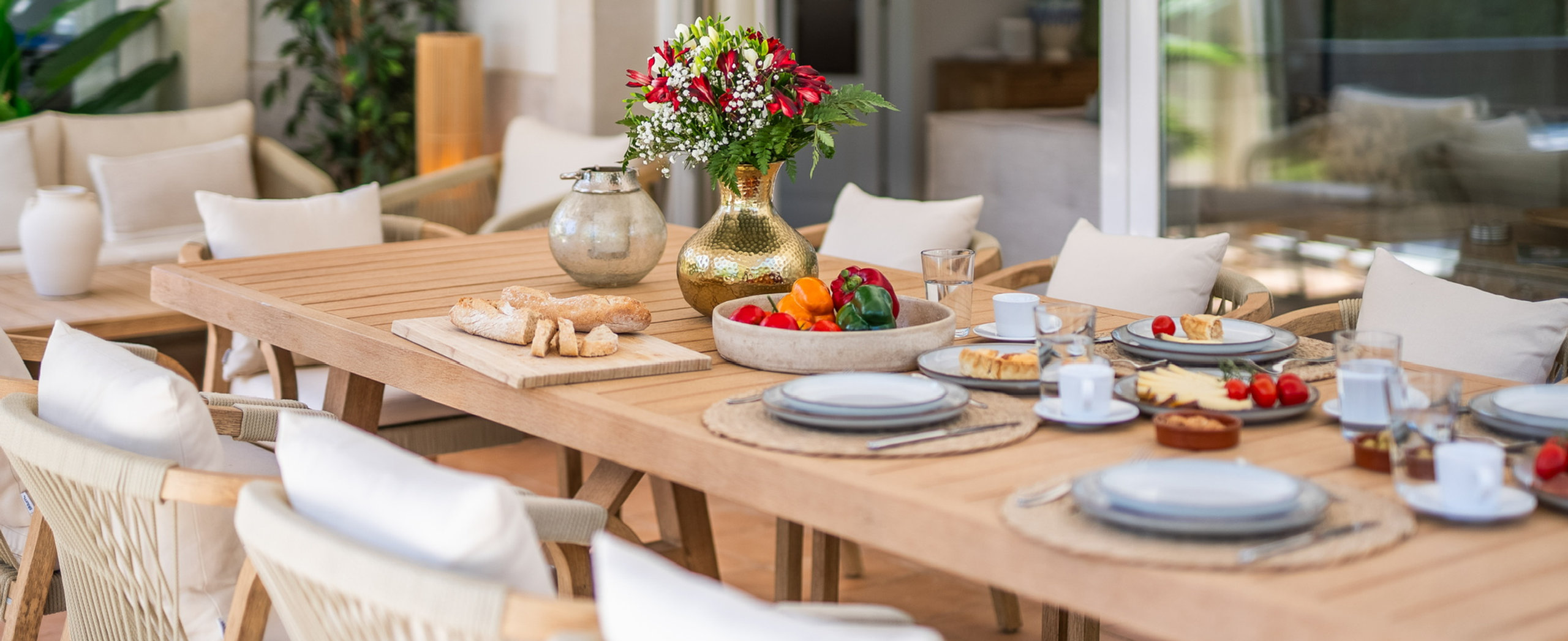 Breakfast laid out on Villa Esquina's covered dining terrace