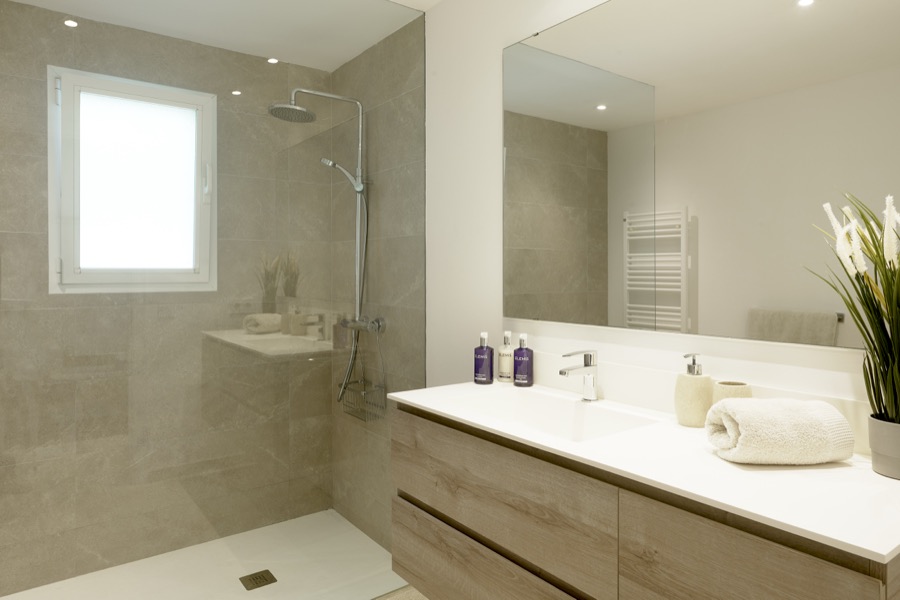 An en-suite shower room with walk-in shower and basin